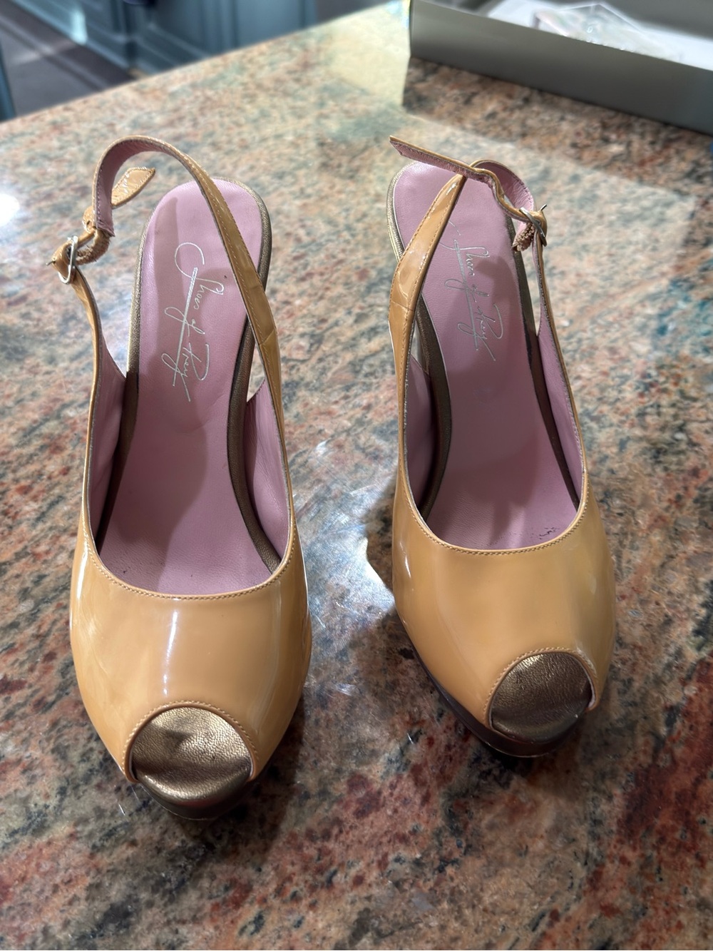 Shoes of Prey custom tan Patent Peep-Toe Slingback Heels.Size 38 1/2 
(8 1/2 US)